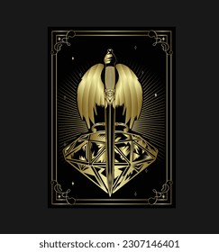 Vector illustration with hand drawn sword and wings with diamond shape on black background. Golden  linear shape. Premium card design.