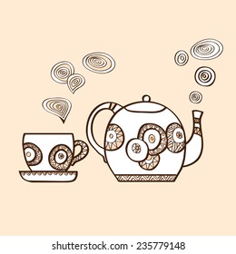Vector illustration with hand drawn tea cup and tea pot with steam on beige background. 
