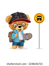 Vector illustration of hand drawn teddy bear student carrying skateboard standing in bus stop 