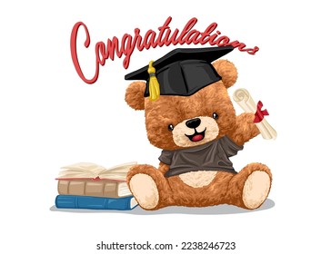 Vector illustration of hand drawn teddy bear wearing graduation cap holding diploma with books svg