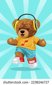 Vector illustration of hand drawn teddy bear cartoon dancing while listening music with earphone