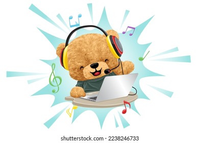 Vector illustration of hand drawn teddy bear cartoon with laptop enjoying music