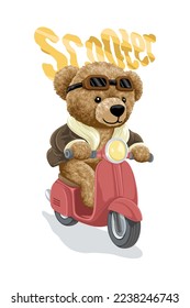 Vector illustration of hand drawn teddy bear cartoon riding scooter