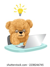 Vector illustration of hand drawn teddy bear cartoon operating laptop with light bulb on it head - Shutterstock ID 2238246745