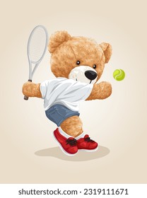 Vector illustration of hand drawn teddy bear playing tennis court