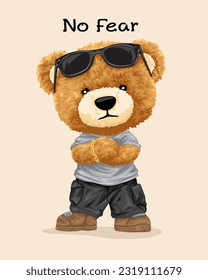 Vector illustration of hand drawn teddy bear with sunglasses crossing arms