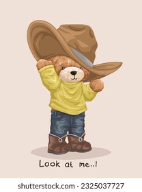 Vector illustration of hand drawn teddy bear in cowboy  costume