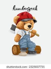 Vector illustration of hand drawn teddy bear in lumberjack costume with axe sitting on tree trunk