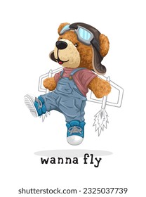 Vector illustration of hand drawn teddy bear wearing pilot helmet and goggles with airplane wing