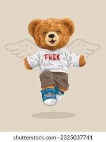 Vector illustration of hand drawn teddy bear in fashion style with wings