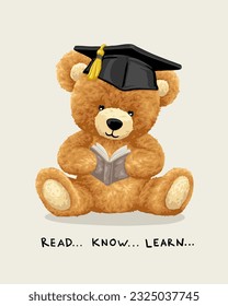 Vector illustration of hand drawn teddy bear with graduation hat reading book svg