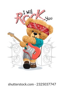 Ilustración vectorial del oso de peluche dibujado a mano con rockero tocando guitarra eléctrica