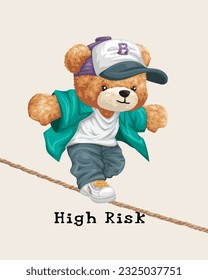 Vector illustration of hand drawn teddy bear walking on tightrope