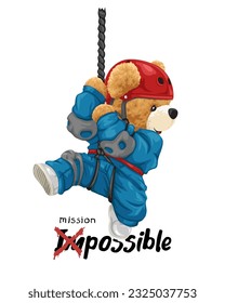 Vector illustration of hand drawn teddy bear in climber costume hanging on rope