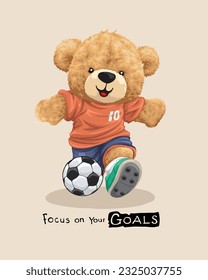 Vector illustration of hand drawn teddy bear playing soccer