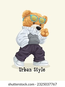 Vector illustration of hand drawn teddy bear in hipster style with victory hand sign