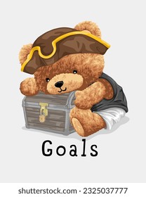 Vector illustration of hand drawn teddy bear in pirate costume with treasure chest