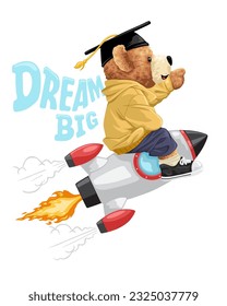 Vector illustration of hand drawn teddy bear with graduation hat on rocket