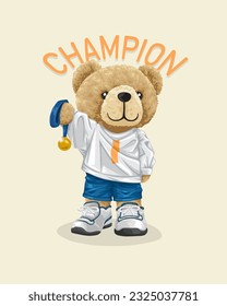 Vector illustration of hand drawn teddy bear holding gold medal