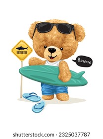 Vektorgrafik handgezeichneter Teddybär im touristischen Stil mit Surfbrett am Strand