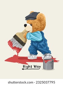 Vector illustration of hand drawn teddy bear painting a direction arrow on ground with big brush