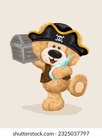 Vector illustration of hand drawn teddy bear in pirate costume with treasure chest and bottle