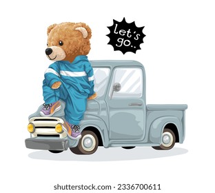 Vector illustration of hand drawn teddy bear sitting on truck