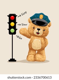 Vector illustration of hand drawn teddy bear wearing cop hat with stoplight