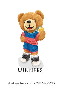 Vector illustration of hand drawn teddy bear in sportswear holding gold medal