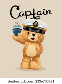 Vector illustration of hand drawn teddy bear wearing sailor hat holding boat toy