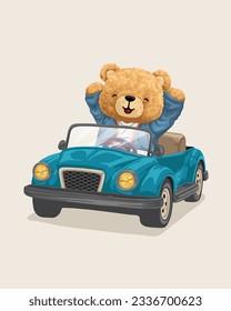 Vector illustration of hand drawn teddy bear on vintage car