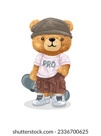 Vector illustration of hand drawn teddy bear in skater style clothing holding skateboard