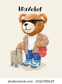 Vector illustration of hand drawn teddy bear tourist