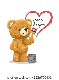 Vector illustration of hand drawn teddy bear holding paintbrush painting heart symbol on wall