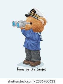 Vector illustration of hand drawn teddy bear in sailor costume with binocular