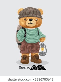 Vector illustration of hand drawn teddy bear in camper costume with backpack holding lantern