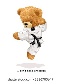 Vector illustration of hand drawn teddy bear in karate uniform doing jump kick