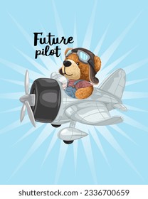 Ilustración vectorial del oso de peluche dibujado a mano en el avión vintage
