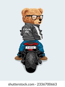 Ilustración vectorial del oso de peluche dibujado a mano con anteojos en motocicleta