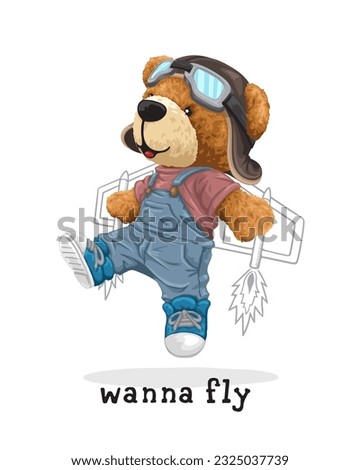 Vector illustration of hand drawn teddy bear wearing pilot helmet and goggles with airplane wing