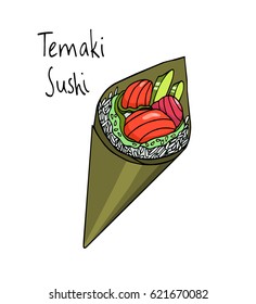 Vector illustration of hand drawn temaki sushi. Beautiful food design elements, perfect for any business related to the food industry.
