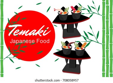 Vector illustration of hand drawn temaki sushi set. Beautiful food design elements, perfect for any business related to the food industry.
