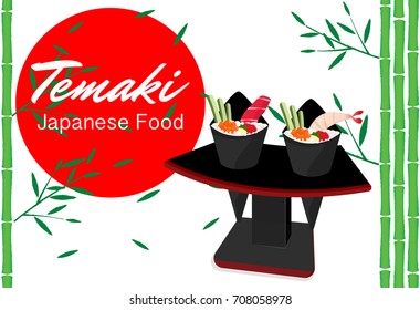 Vector illustration of hand drawn temaki sushi set. Beautiful food design elements, perfect for any business related to the food industry.