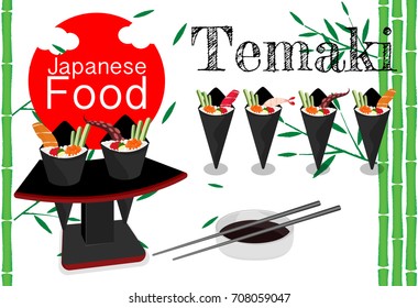 Vector illustration of hand drawn temaki sushi set. Beautiful food design elements, perfect for any business related to the food industry.
