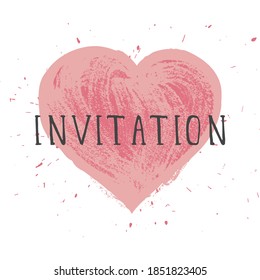 Vector illustration with hand drawn text INVITATION and grunge heart on white background. Templates for card, label, poster, banner, flyer and other.