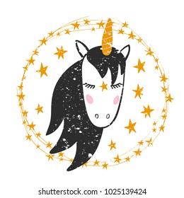 Vector illustration of hand drawn textured unicorn with closed eyes in wraeth of golden stars for card, poster, print, logo