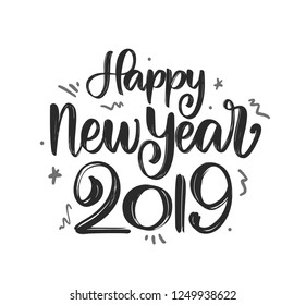Vector illustration. Hand drawn textured  brush lettering of Happy New Year 2019 on white background.