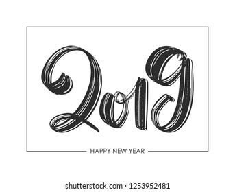 Vector illustration: Hand drawn textured brush type lettering of 2019. Happy New Year. Chines calligraphy