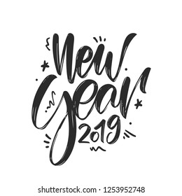 Vector illustration. Hand drawn textured  brush lettering of  New Year 2019 on white background.