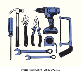 Vector illustration of hand drawn toolbox icons featuring essential DIY and repair tools. Perfect for home improvement designs, workshop decor, and Father's Day graphics.